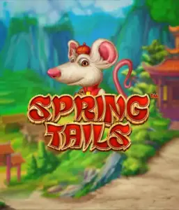 An enchanting illustration of a white rat wearing a red traditional Chinese outfit standing in a scenic mountain backdrop. The image represents the Spring Tails game by Betsoft, showcased with bold gold and red logo lettering.